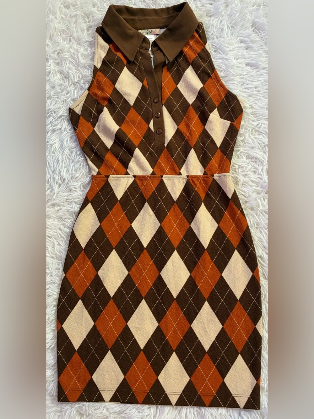 NEW Retro 70s Vintage Style Indie Academia Preppy Argyle Collared Dress Brown M